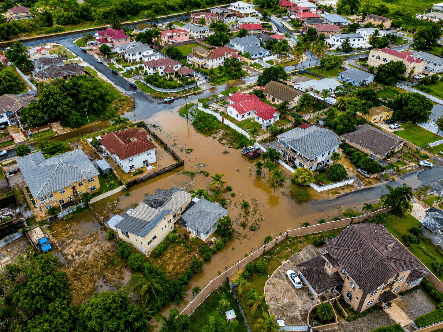 Section of housing scheme affected by flooding after heavy rain impacting homes on small acre footprint.