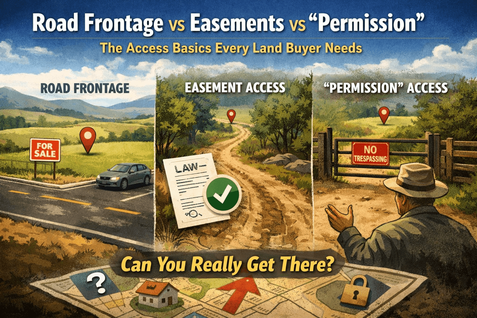 Visual comparison of road frontage, easement access, and permission access for vacant land buyers
