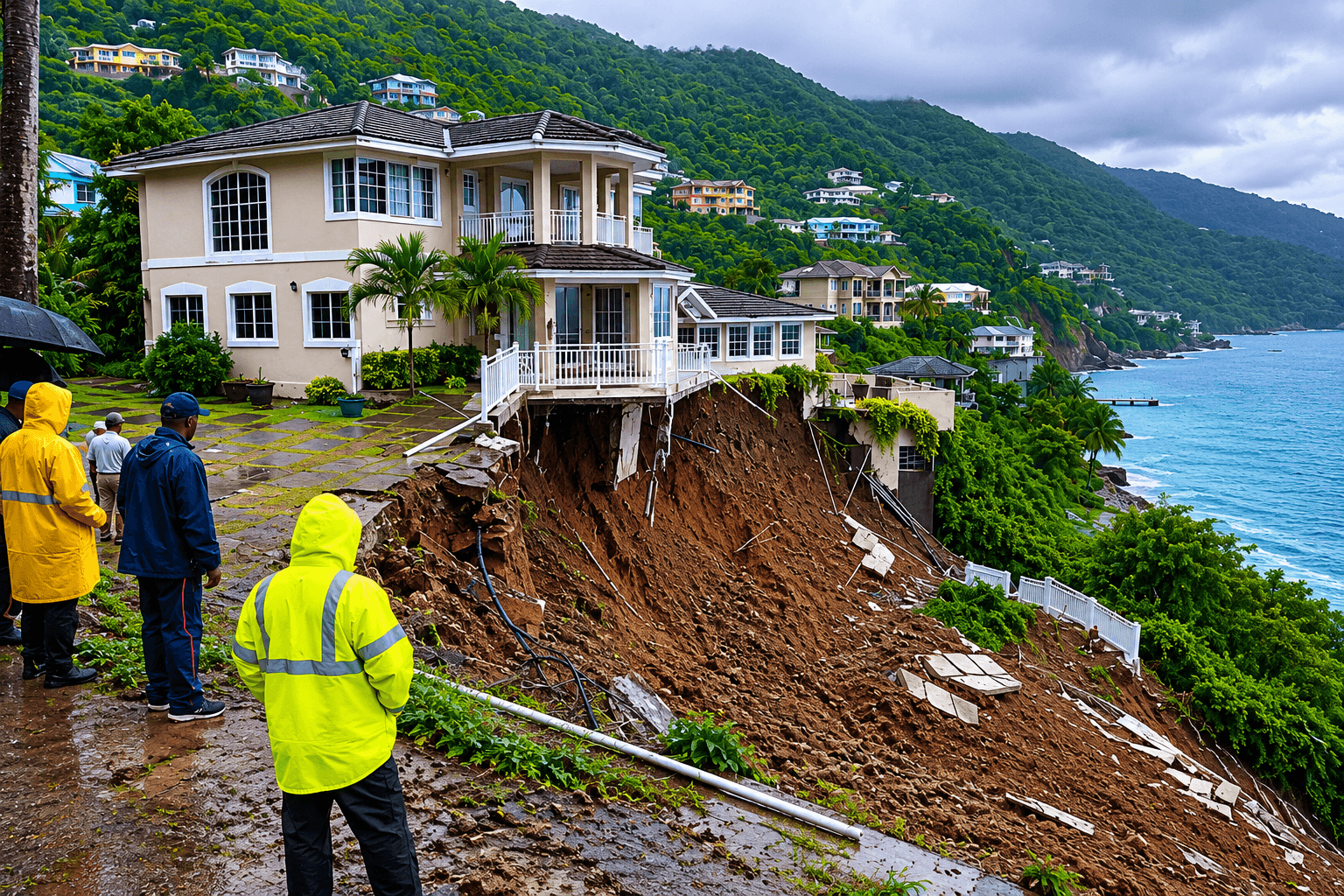 People inspect a coastal home left dangerously exposed after a hillside landslide caused by heavy rainfall.