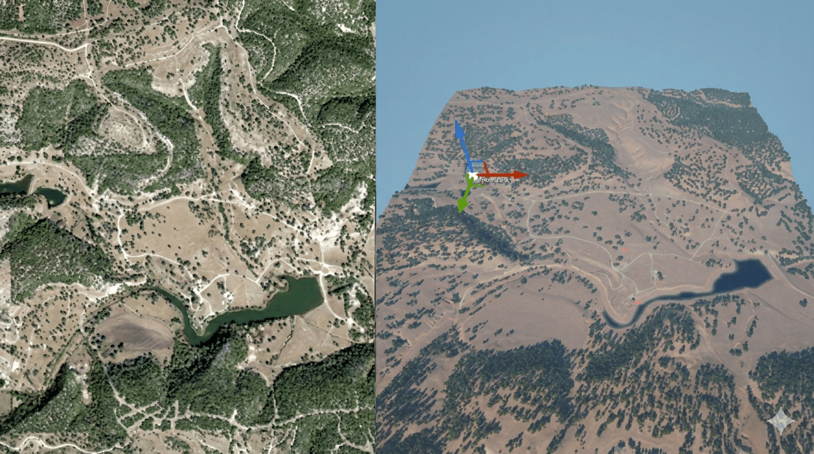 Aerial photo of a large land parcel on the left and its digital twin on the left